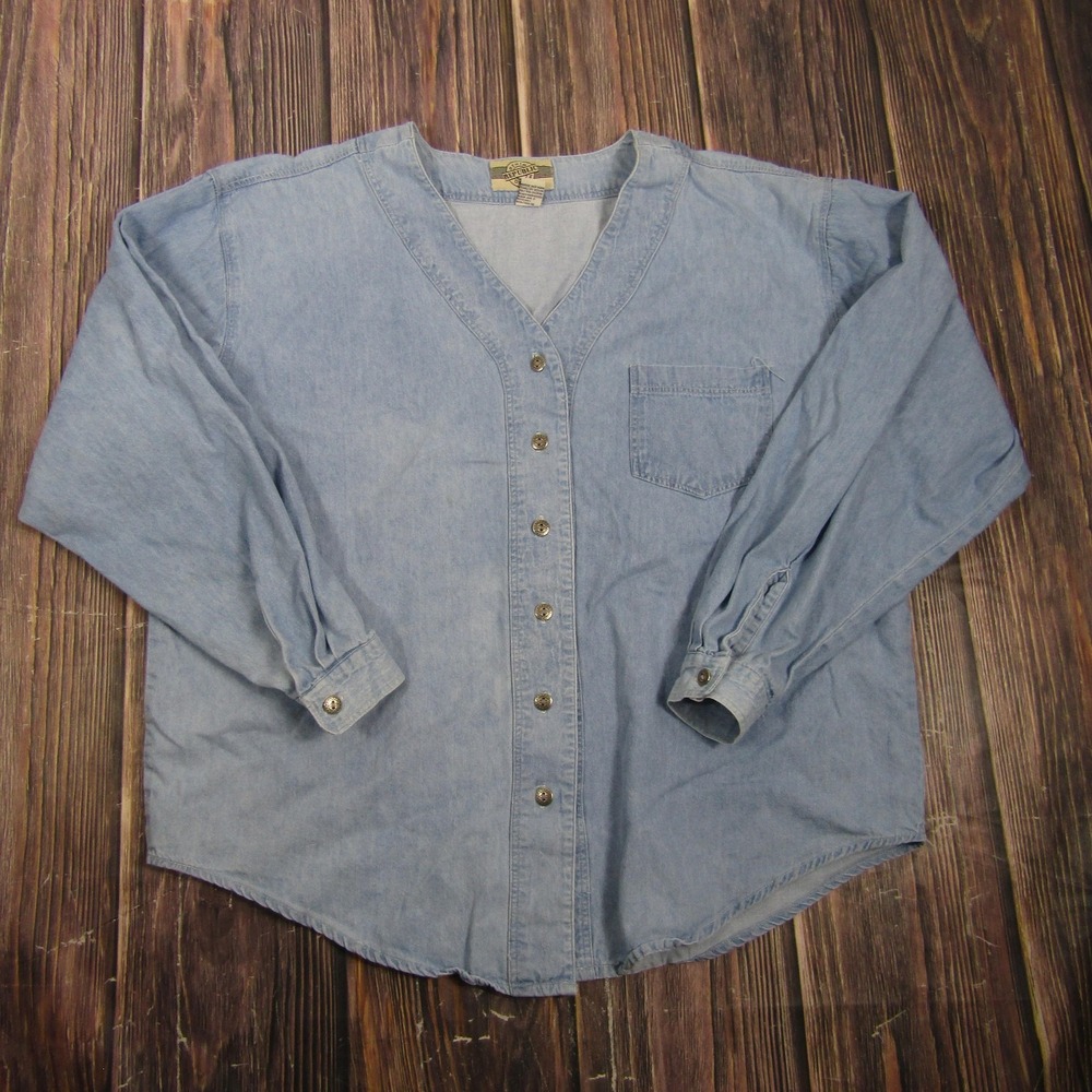 Denim Republic Womens XL Blue Denim Button Up Shirt V Neck Long Sleeve Casual